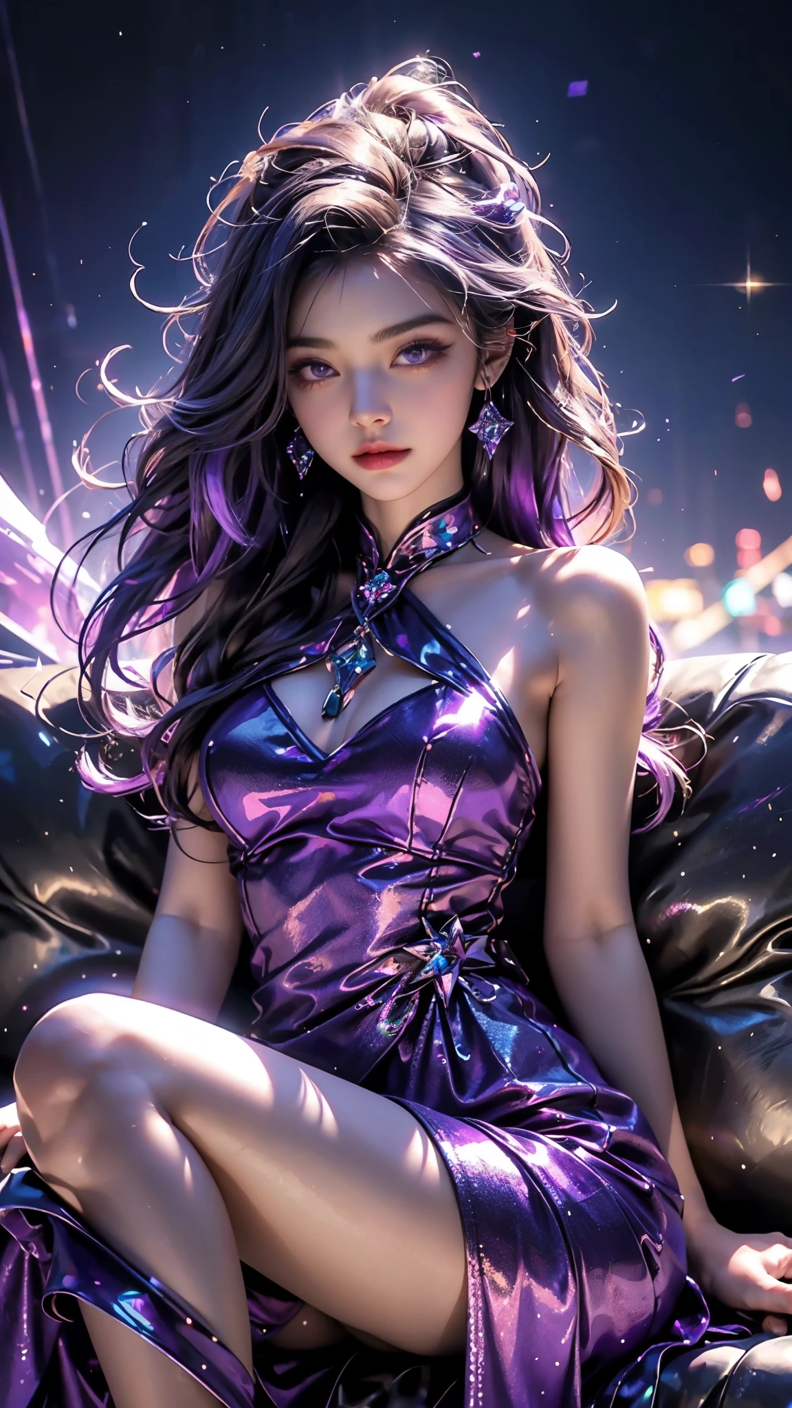 4K, UHD, masterpiece, Best quality, 1 girl, detailed face, detailed eyes, realistic Eyelid, Kda, Alone, very Long hair, small breasts, ((purple sparkle dress)), ankle-length skirt, looking at viewert, Multicolored glowing crystals, heart sparkle, neon sparkle, bloom, ray tracing, god rays, HDR, DSLR, sitting on the bench,