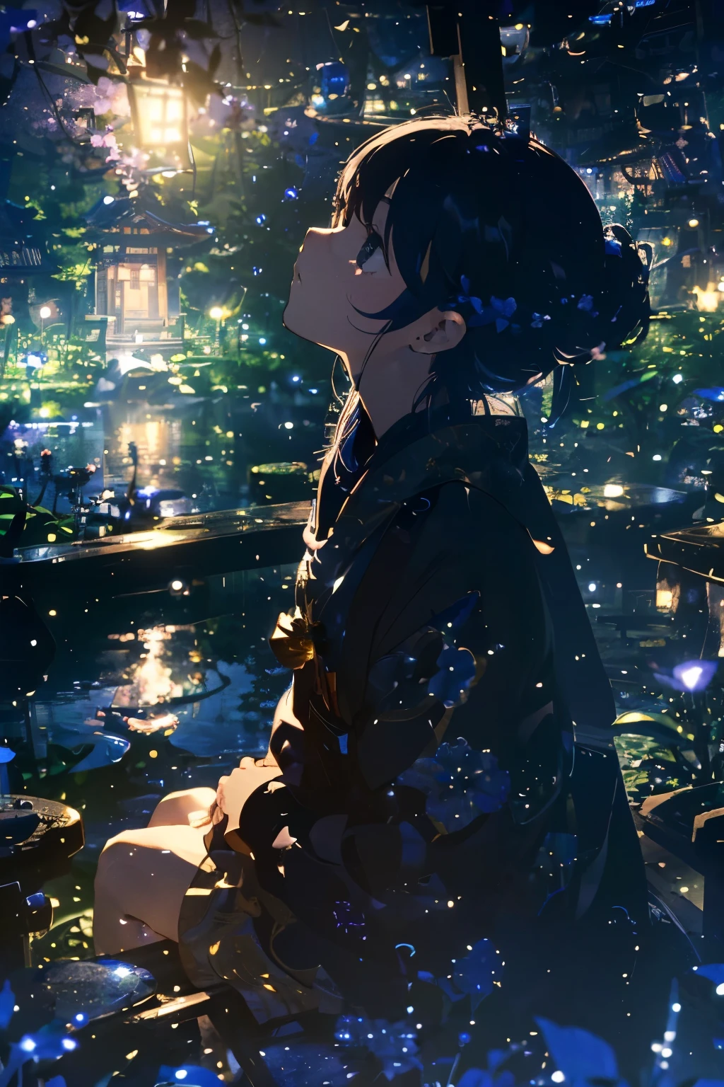 (Official art、Best Quality、Unity 8k Wallpapers、​masterpiece、ultra-detailliert、超A high resolution:1.2)、(Ultra-detailed and complex 3D rendering)、Detailed beautiful face and eyes、A slender、Medium bust、(Full body:1.2)、(sideshot、Looking up at the moon、Looking away:1.2)、Fireflies are flying、(Mystical、moonlights)、beauitful face、blurry backround、20 year old beauty girl、Japan garden、cowboy  shot、Sit on the porch、One full moon in the sky、Moon