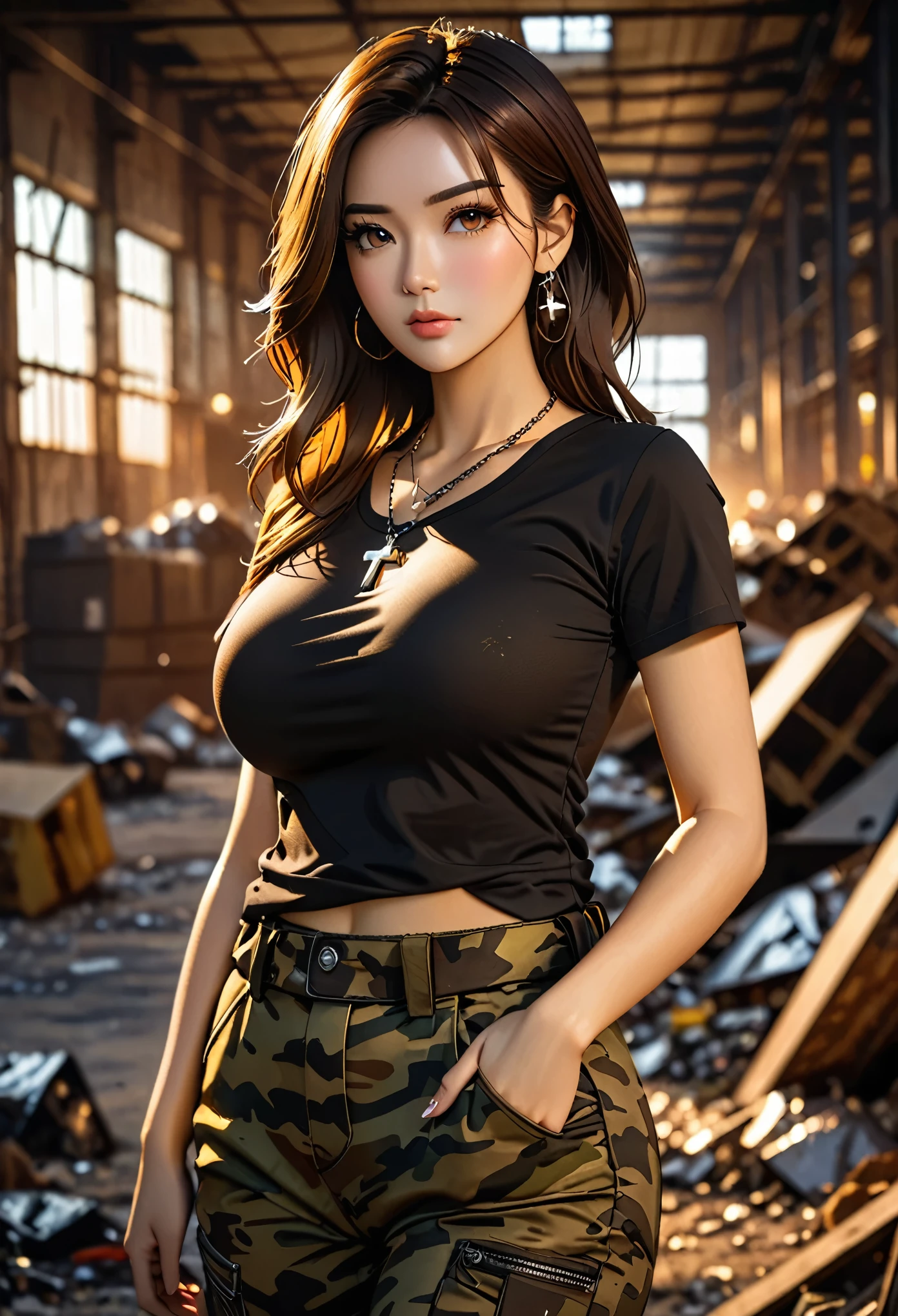 (masterpiece,best quality:1.2),Practical,Photography,Hollywood special effects style,(cartoon:1.2),solo,A woman,Detailed face,Extremely fine hair texture,Black T-shirt and camouflage pants,(Cross necklace:0.9),Above the waist,big breast,Inside an abandoned factory,Dim Lights,Construction material garbage in the background,Depth of Field,Backlight