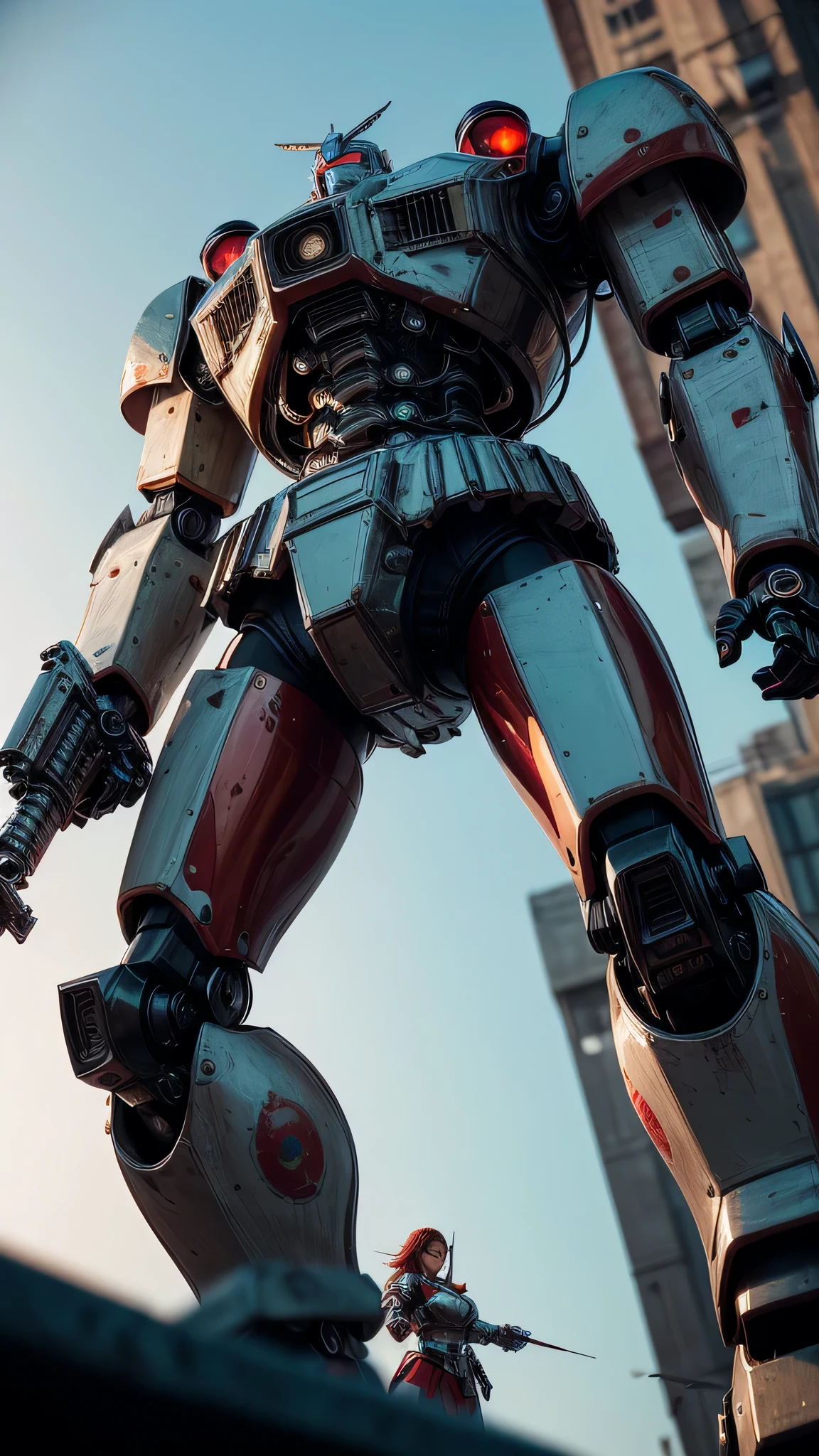 ((best quality: 1.5, masterpiece)), intricate details, soft focus, professional, real life, realistic representation of the face, dim volumetric lighting, dynamic pose, in the style of realistic and hyper detailed renderings BREAK (((2 characters, one cyberpunk steampunk girl, clockwork armor, perfectchainmail (seafoam chrome armor:1.4, background red white mecha, mechanical robot, weapons, Warhammer Dreadnaught, from below)))), film grain, bokeh, black background, dark empty room, photorealistic, hyper-realistic, 8K