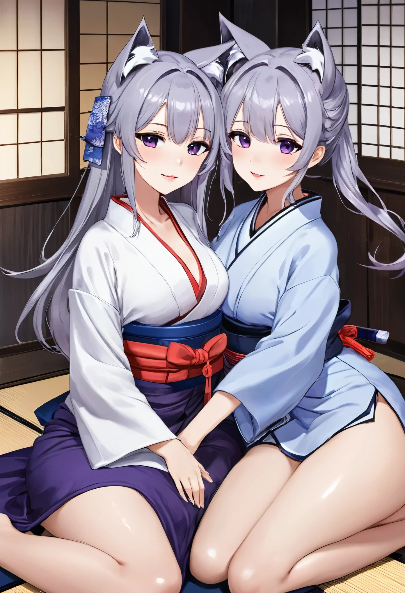 (best quality,masterpiece:1.2),ultra-detailed,perfect face,cute, Azur Lane, Shinano, silver hair, voluptuous, silver fox ears, revealing blue kimono, sexy, fair skin, (best quality,masterpiece:1.2),ultra-detailed,perfect face, Azur Lane, Musashi, black hair, black fox ears, revealing black kimono with purple lining, purple eyeline, light purple lipstick, sexy, fair skin.Japanese-style room,night,Crescent Moon,sit cross-legged on the tatami,Pressing our chests against each other , two girls