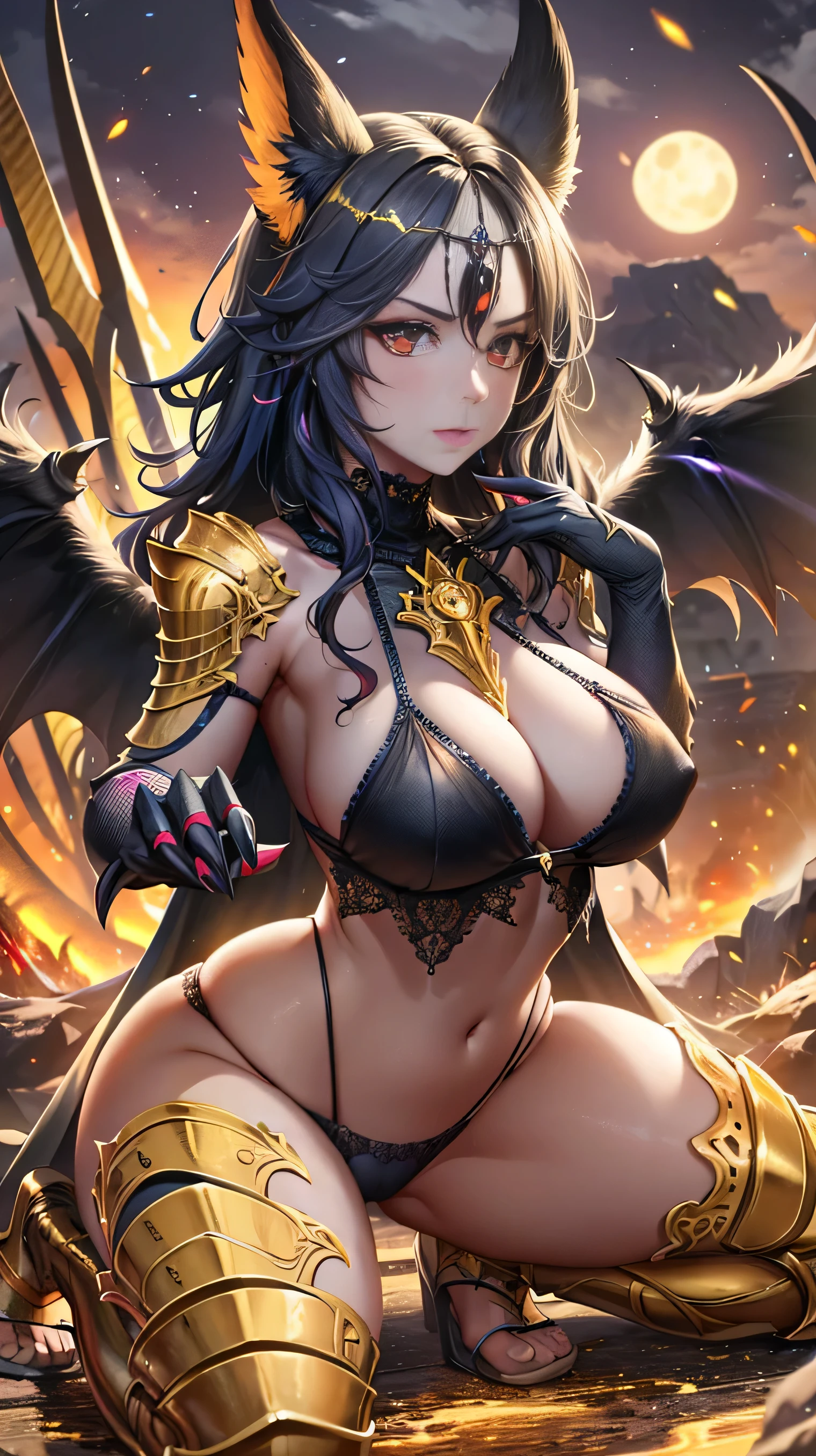 Full body portrait, sexy girl, solo, gargoyle warrior, comprised of Antikythera mechanisms, claws, busty, kneeling, evil look, sexy, (see-through panties:1.3), claws, fangs, wings, busty, massive tail, demonic armor, Tattooed, glowing eyes, combat stance, vibrant appearance, creative behavior, imaginative, sensual, spontaneous, highest quality, skin texture, intricate details, (cinematic lighting), RAW photo, 8k, under moonlight, nightmarish, full moon, firestorm, debris