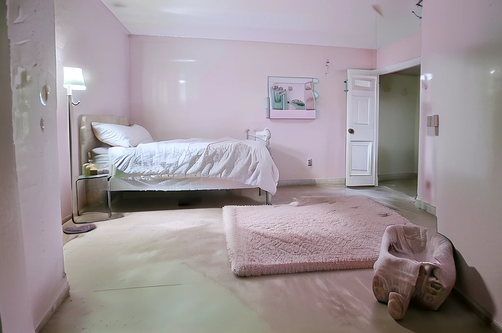 Backgrooms-style empty place with crystal clear water on the floor,place without any windows or furniture,the place is all pinkish white tiles, soft and dim lighting. cozy place. the place is COMPLETELY empty, there is no furniture or objects.