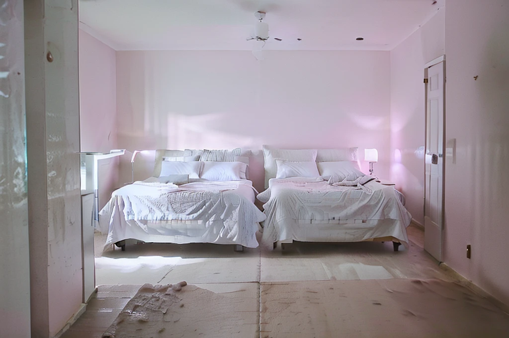 Backgrooms-style empty place with crystal clear water on the floor,place without any windows or furniture,the place is all pinkish white tiles, soft and dim lighting. cozy place.  the place is COMPLETELY empty, there is no furniture or objects.