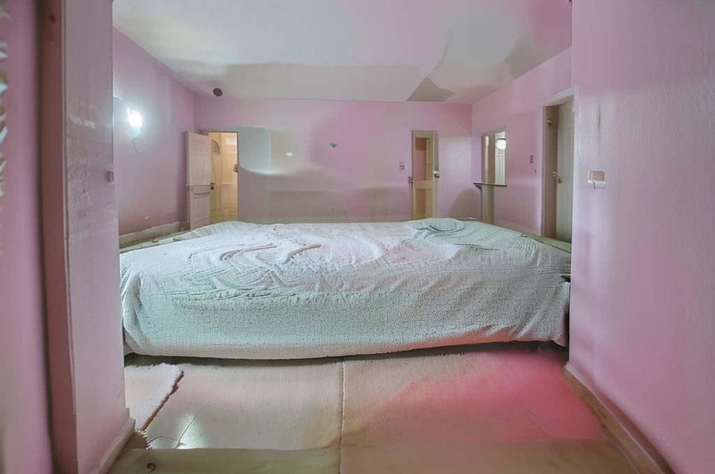 Backgrooms-style empty place with crystal clear water on the floor,place without any windows or furniture,the place is all pinkish white tiles, soft and dim lighting. cozy place. the place is COMPLETELY empty, there is no furniture or objects.
