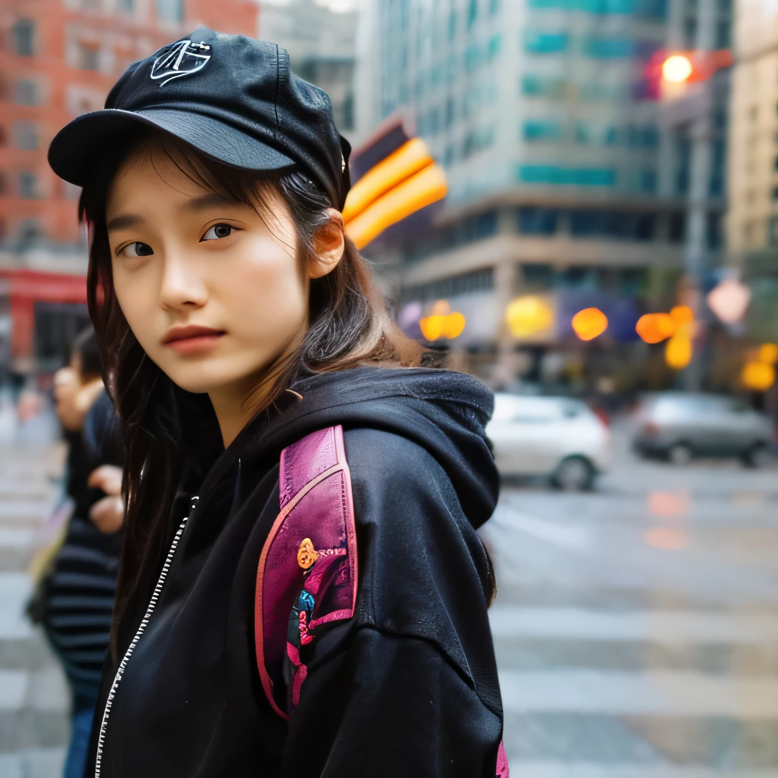 Identical twin sisters wearing black Apollo caps。The Bund in Shanghai is in the background。Shallow depth of field、Background is blurred。gathered in the middle。The girl on the left is、He is wearing a black hat and a black down jacket over a red hoodie.。, And with your left hand you are holding the piece close to your face.。The girl on the right is wearing a light brown hat., A black down jacket over an orange sweatshirt, And in his right hand he holds the piece.