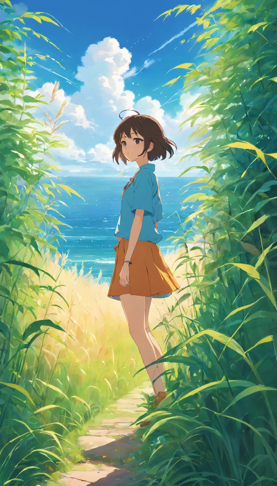 Create a vibrant, animated illustration featuring a bright blue sky with scattered white clouds. In the foreground, depict tall grasses and leaves gently swaying in the wind. The scene should exude a sense of tranquility and peace, with the natural elements harmoniously interacting with one another. Emphasize the gentle movement and serene atmosphere.

