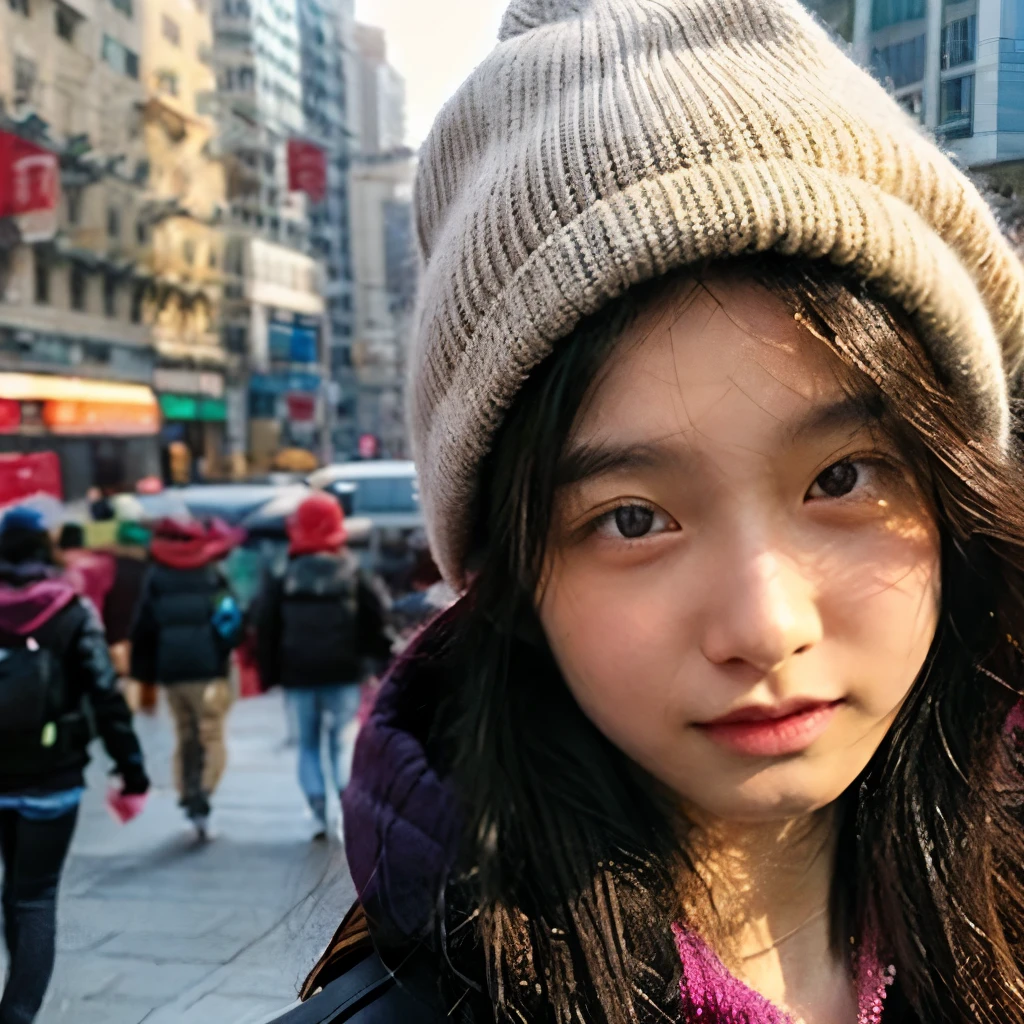 Identical twin sisters wearing hats。The Bund in Shanghai is in the background。The depth of field is shallow and concentrated in the center。The girl on the left is、He is wearing a black hat and a black down jacket over a red hoodie.。, And with your left hand you are holding the piece close to your face.。The girl on the right is wearing a light brown hat., A black down jacket over an orange sweatshirt, And in his right hand he holds the piece.