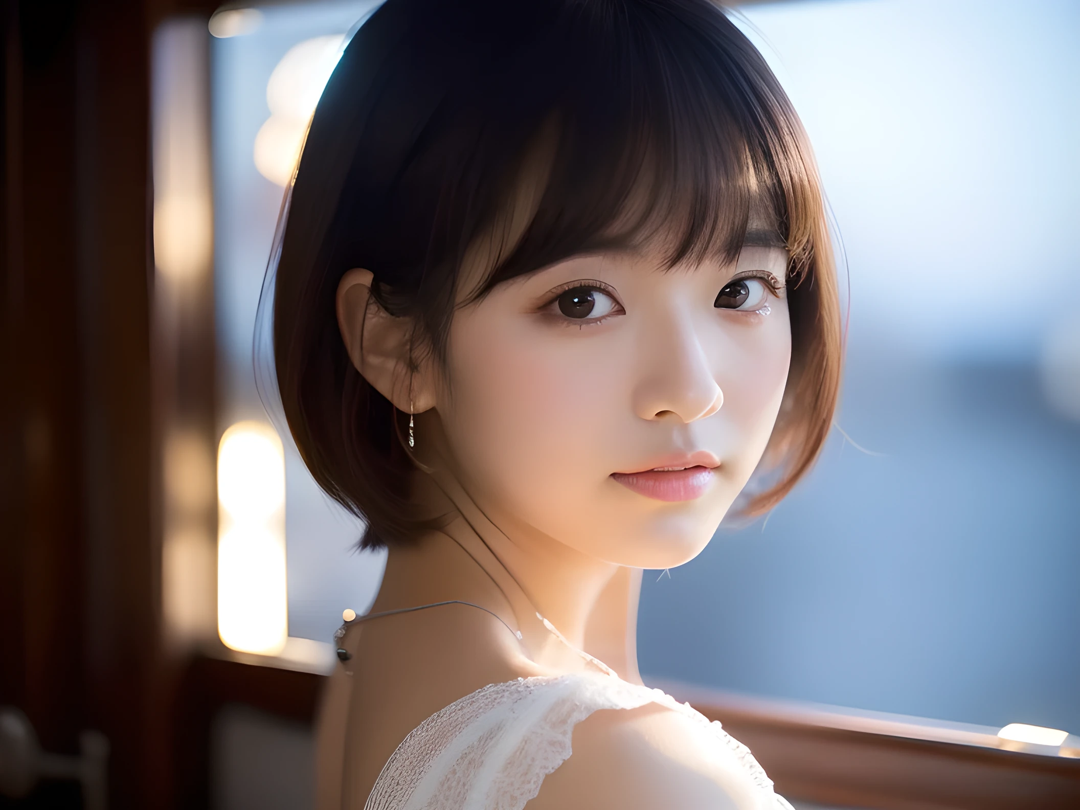 ​masterpiece、1 Beautiful Girl、A detailed face、A detailed eye、Detailed skin、top-quality、japanes、Illuminated from the front with bright lighting、profetional lighting、The background is a little blurry、short-hair、The background is the deck of the ship、Hair is disheveled by the wind、Eating soft-serve ice cream、The costume is a white dress、
