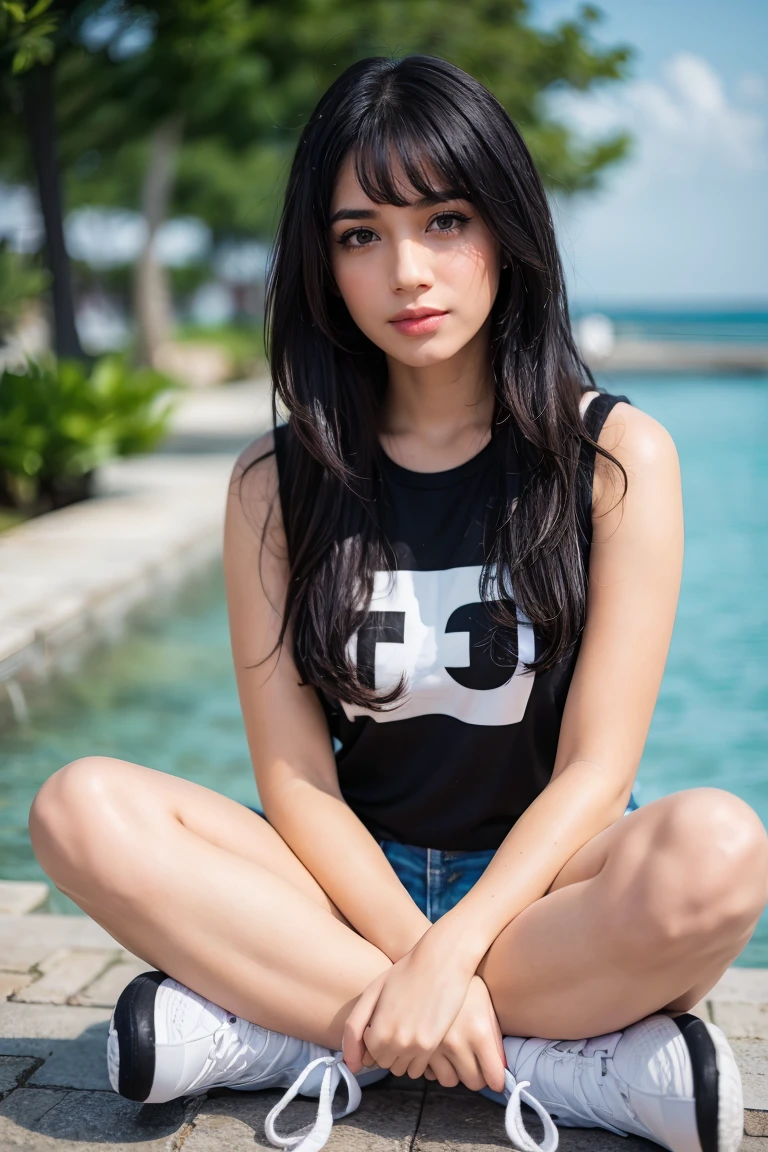 masterpiece, detailed image, highly detailed, 1girl, black_wavy_hair, long_hair, bangs, sleeveless_shirt , shorts, sneakers, sea