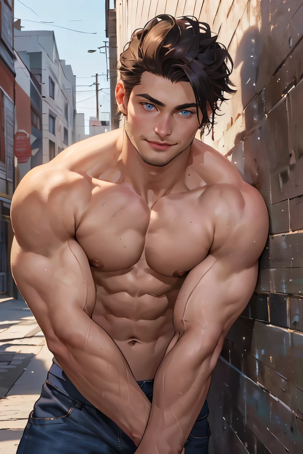 ((the best quality)), ((Masterpiece)), (details), perfect face, high definition, Masterpiece,4k,details clearly, Handsome face, white skin, perfect body, male body, strong muscles, abdomen, blue eyes, white skin, The most handsome man in the world, handsome, The coolest face, Male characters, close image (1man, shirtless), young man, mischievous smile, Extremely muscular tall man, open your eyes ((detailed eyes)), huge, muscular body and Massive, bulging pecs, muscular abs, narrow waist, short hair, blue eyes, delicate big eyes, carefree expression, clear face, handsome (detailed face, perfect face) ((extremely realistic shadows, bodybuilding posture, human, ((22-year-old young man)), V shape, athletic pants, athletic, Shirtless, Sunlight, City, lower pants, topless, close up look, CG sense, Textured skin, the best quality, Storytelling images, lower your pants, show Panty line, Show your abs, show arm muscle, Black hair, shining blue eyes, eyes contact, high school, green plum bob, red pants