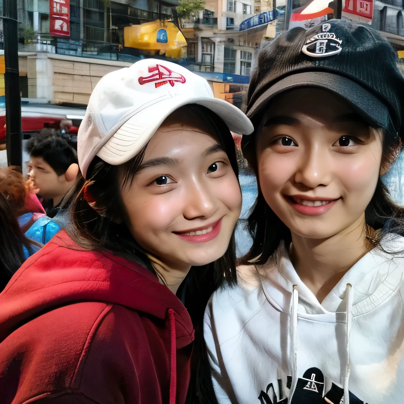 Identical twin sisters wearing hats。The Bund in Shanghai is in the background。gathered in the middle。The girl on the left is、He is wearing a black hat and a black down jacket over a red hoodie.。, And with your left hand you are holding the piece close to your face.。The girl on the right is wearing a light brown hat., A black down jacket over an orange sweatshirt, And in his right hand he holds the piece.