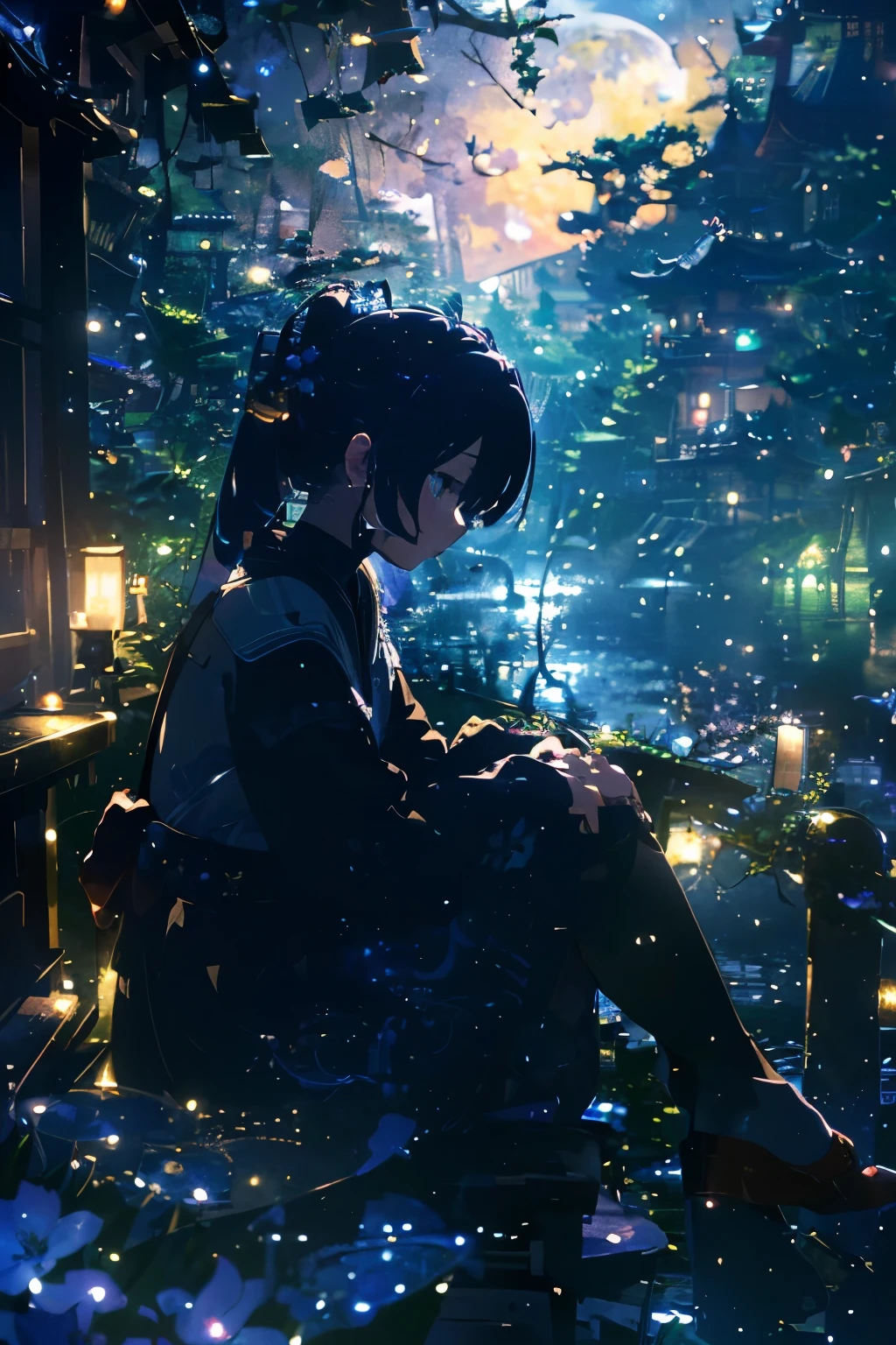 (Official art、Best Quality、Unity 8k Wallpapers、masterpiece、ultra-detailliert、超A high resolution:1.2)、(Ultra-detailed and complex 3D rendering)、Detailed beautiful face and eyes、A slender、Medium bust、(Full body:1.2)、(sideshot、Looking up at the moon、Looking away:1.2)、Fireflies are flying、(Mystical、moonlights)、beauitful face、blurry backround、20 year old beauty girl、Japan garden、cowboy shot、Sit on the porch、One full moon in the sky、Moon