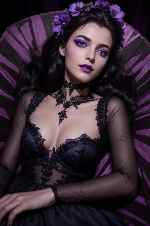 Jeune femme de 25 ans, visage fin, cheveux long, yeux marrons, HD, 8K, masterpiece, sourire romantique, sexy, mascara noir, maquillage noir, black lips, tenue gothique, vêtements noirs et violets, toile d'araignée en dentelle, cheveux noirs et violets, bodypainting, purple paint, purple tears on the cheecks, dracula, lying in a coffin