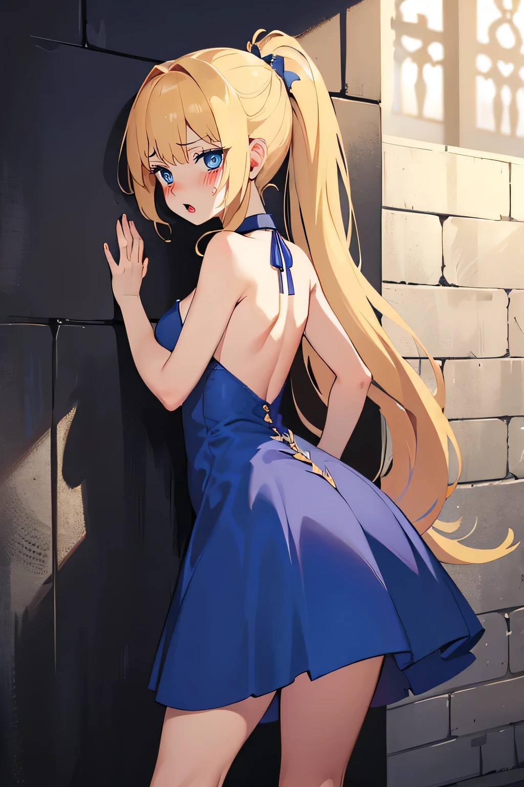 Safe for work, masterpiece, best quality, solo, 1 girl, facing forward, looking at camera, (young female body:1.4), ( medium breasts), slender legs, golden yellow hair, extra long hair, blunt bangs, crystal blue eyes, very detailed eyes, castle hallway background, ponytail, dark hallway, leaning on wall, dark blue dress, form fitting dress, flustered expression, arched back, arching her back, extra short dress, very short blue dress, sleeveless dress, chest pressed against wall, leaning against wall, both hands on wall, arched ass, strapless dress, backless dress, exposed back, leaning down, face pressed against wall