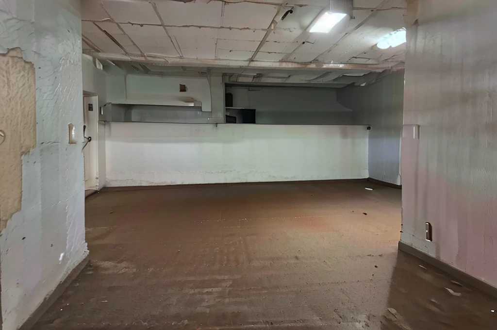 Backroom-style, empty place, without any objects, furniture or windows. the place has strange lighting. the place has white tiles on the floor and walls.