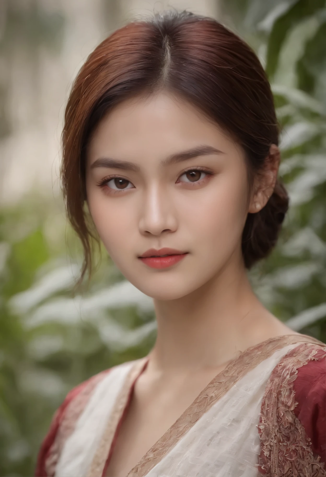 (((a deep reddish wound crosses her left cheek))) fair complexion,  A 20 years old indonsian man. Tall. Handsome. Buzz hair cut. White skin, faint smile. Slighly round eyes. Oval chin. Wearing a batik shirt. Body position is clearly visible, grey backround. Use soft photography ligting with hair light, edge lights, and top light. Photo with very high detail., candlelight in a medieval setting, ultra sharp focus, realistic shot, medieval female clothes, tetradic colors (scar:1.4)