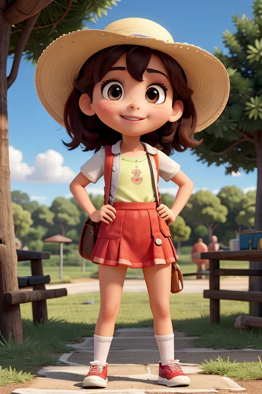 Obra de arte, melhor qualidade, high resolution, extremamente detalhado, fundo detalhado, cinematic lighting, 1 garota, olhando para o espectador, Parque, vestido branco, sunhat, sorriso, wearing  mochila randoseru, (mochila randoseru:1.0), standing