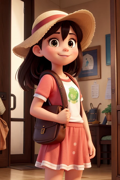 Obra de arte, melhor qualidade, high resolution, extremamente detalhado, fundo detalhado, cinematic lighting, 1 garota, olhando para o espectador, Parque, vestido branco, sunhat, sorriso, wearing mochila randoseru, (mochila randoseru:1.0), standing