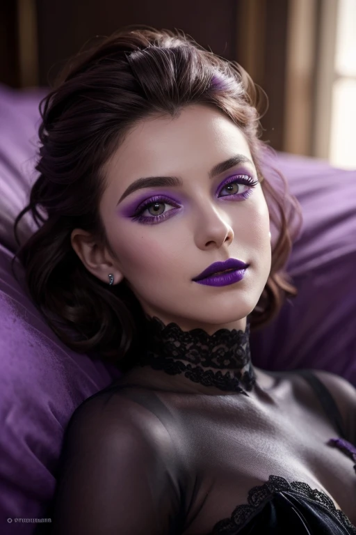 Jeune femme de 25 ans, visage fin, cheveux long, yeux marrons, HD, 8K, masterpiece, sourire romantique, sexy, mascara noir, maquillage noir, black lips, tenue gothique, vêtements noirs et violets, toile d'araignée en dentelle, cheveux noirs et violets, bodypainting, purple paint, purple tears on the cheecks, dracula, lying in a large purple velvet bed, topless