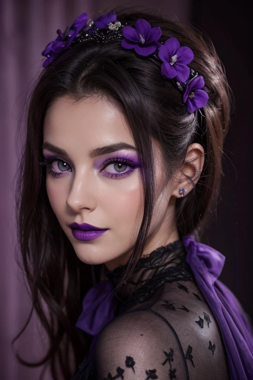 Jeune femme de 25 ans, visage fin, cheveux long, yeux marrons, HD, 8K, masterpiece, sourire romantique, sexy, mascara noir, maquillage noir, black lips, tenue gothique, vêtements noirs et violets, toile d'araignée en dentelle, cheveux noirs et violets, bodypainting, purple paint, purple tears on the cheecks, dracula, lying in a large purple velvet bed