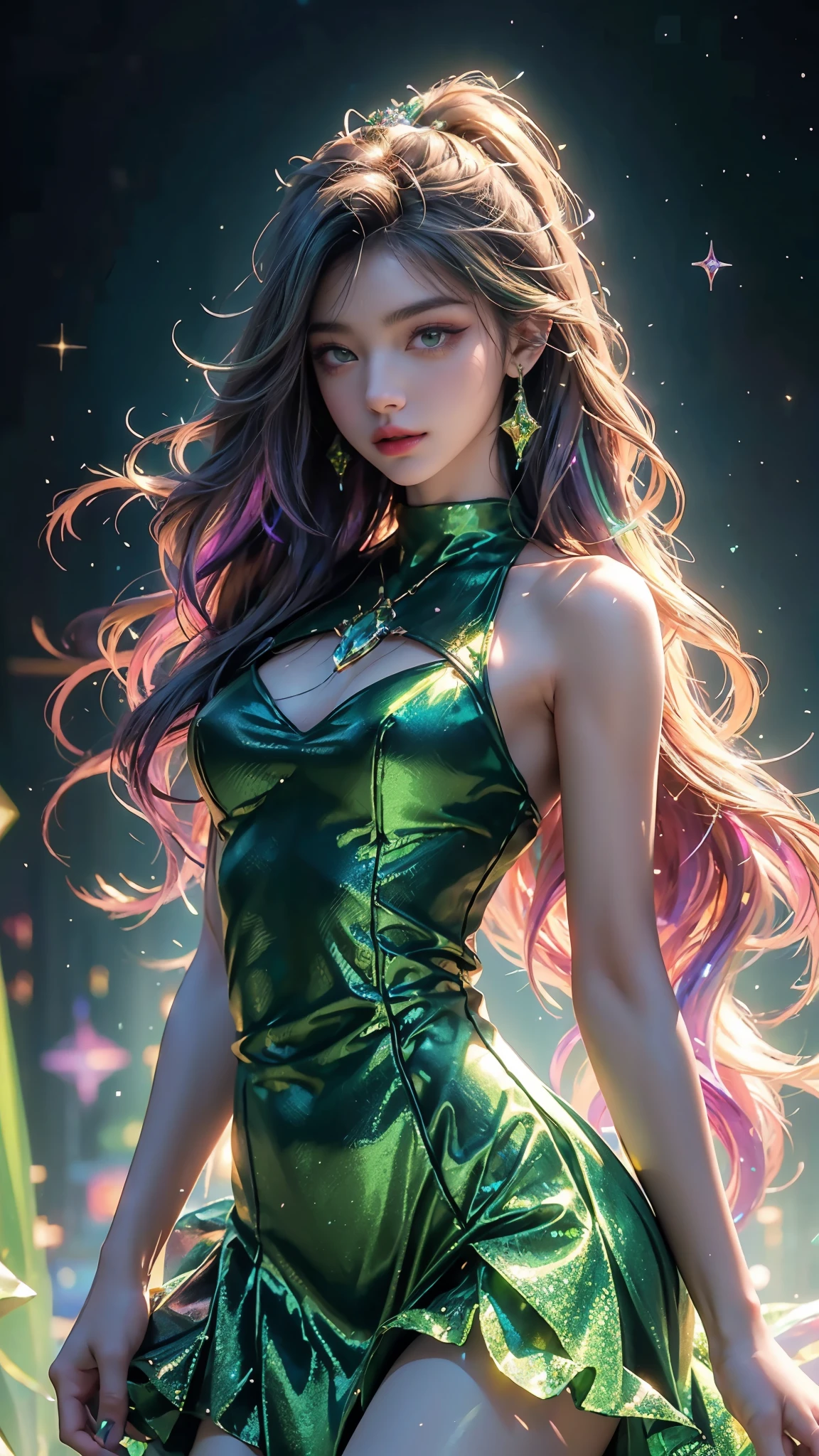 4K, UHD, masterpiece, Best quality, 1 girl, detailed face, detailed eyes, realistic Eyelid, Kda, Alone, very Long hair, small breasts, ((green sparkle dress)), ankle-length skirt, looking at viewert, Multicolored glowing crystals, heart sparkle, neon sparkle, bloom, ray tracing, god rays, HDR, DSLR,