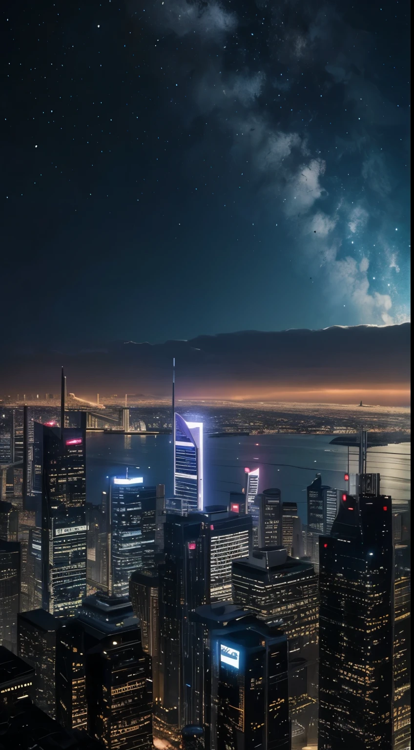 Uma qualidade de imagem ultra-alta、Maximum quality、Cidade do Futuro、ciberpunk、luz vibrante、skyscrapers、Nas nuvens、View of the universe、Mundo SF、