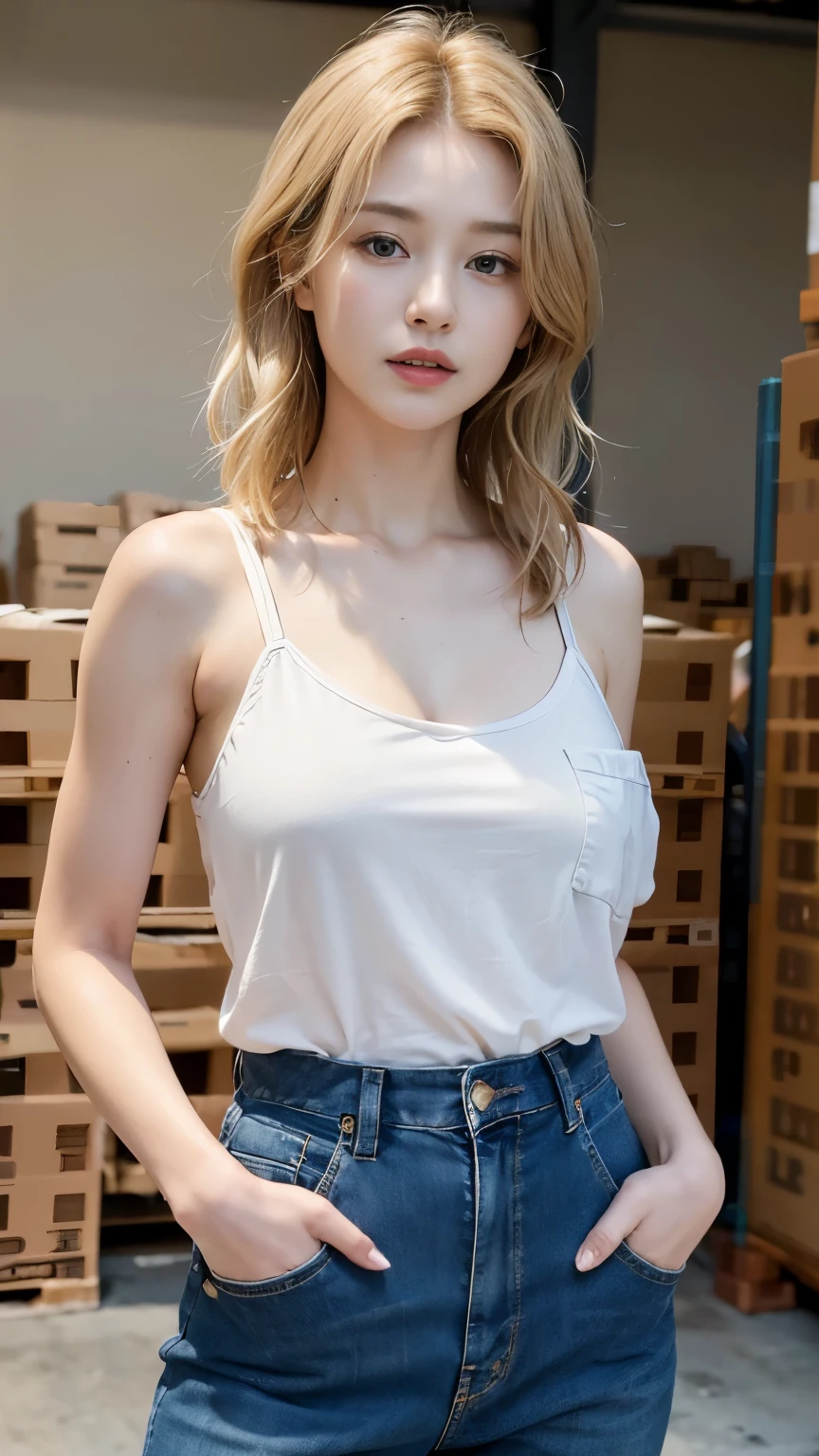 (((best quality, 8K, masterpiece:1.4)), (20 岁woman), masterpiece, clearly, Highres, High_quality, Wide_shooting, small_Face, Absurdly_short_hair, woman, Droop_breast, balance, stretch, Moderate_Face, only_Shoulder, center_Opening, underwear, (blonde wavy very long hair), (Put your hands in your pockets), (F cup saggy breast), Locked in warehouse,