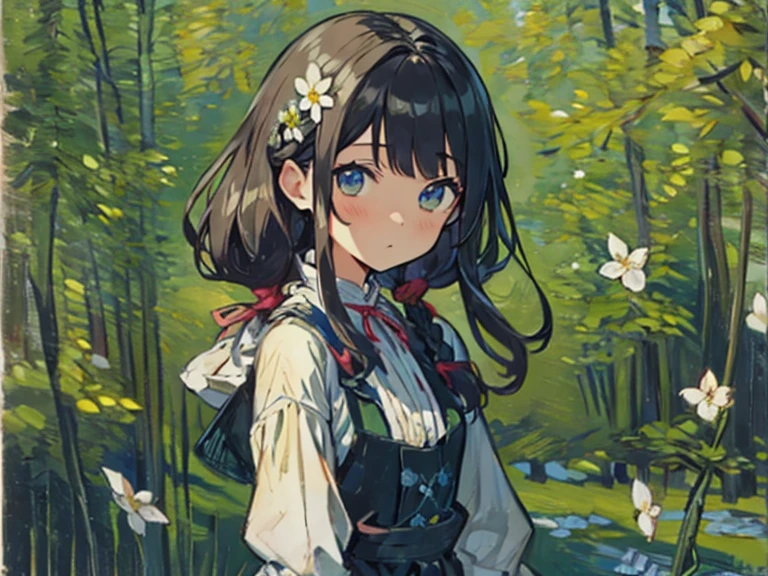 masutepiece, Best Quality,Illustration, Wallpaper, Ultra Detail, Absurd beauty、1 beautiful girl、 (Semi-long hair、short braided hair), Beautiful ultra-detailed eyes , Hair fluttering in the wind、Keep your head small、flower  field、great outdoors、Scenery of a flower garden circling around