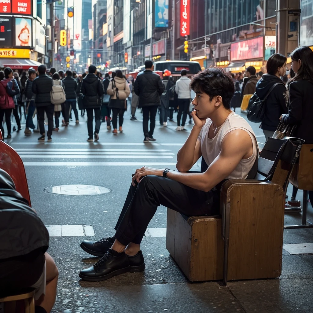 In the bustling heart of the city, a heartbroken boy finds himself sitting alone in a crowded square. Amidst the chatter of passing strangers and the symphony of urban life, he grapples with the weight of his emotions. Write a scene capturing the juxtaposition of his inner turmoil against the backdrop of external activity.