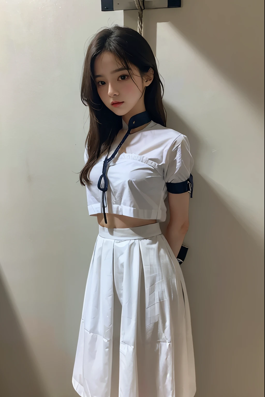 A cute girl is confined and tied up、Beauty、Make your eyes even、My hands are tied with ropes、Inside the room、White short-sleeved shirt、Navy semi-long skirt、Standing in front of a wall、Age 25、Medium build、Like real life、highest quality、