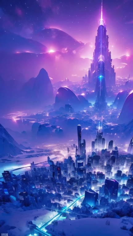 A beautiful futuristic city,(( in a snow landscape)), ice storm, futuristic fortress, luminous glyphs, 4k , uhd, insane details