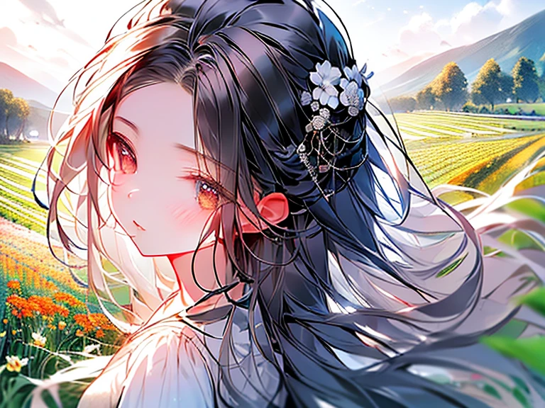 masutepiece, Best Quality,Illustration, Wallpaper, Ultra Detail, Absurd beauty、1 beautiful girl、 (Semi-long hair、short braided hair), Beautiful ultra-detailed eyes , Hair fluttering in the wind、Keep your head small、flower field、great outdoors、Scenery of a flower garden circling around