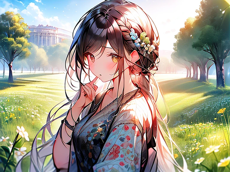 masutepiece, Best Quality,Illustration, Wallpaper, Ultra Detail, Absurd beauty、1 beautiful girl、 (Semi-long hair、short braided hair), Beautiful ultra-detailed eyes , Hair fluttering in the wind、Keep your head small、flower field、great outdoors、Scenery of a flower garden circling around