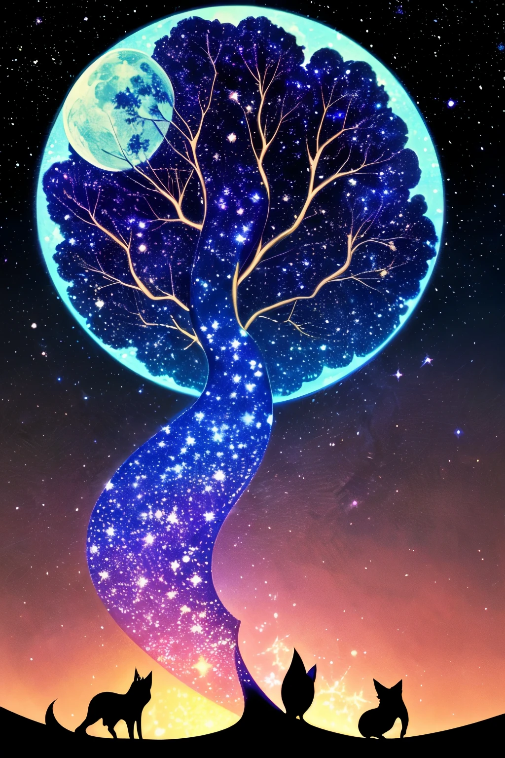 ((silhouette art)), blacklight, dark blue and purple, bioluminescent Japanese fantasy tree of life with foxes in the style of fairy-tale world, cosmic galaxy background, white gold leaf metallic ink, highly detailed foliage, A tree of life with branches shaped like foxes, leaves made from stars and the moon in the sky with purple, blue, and black galaxy colors.