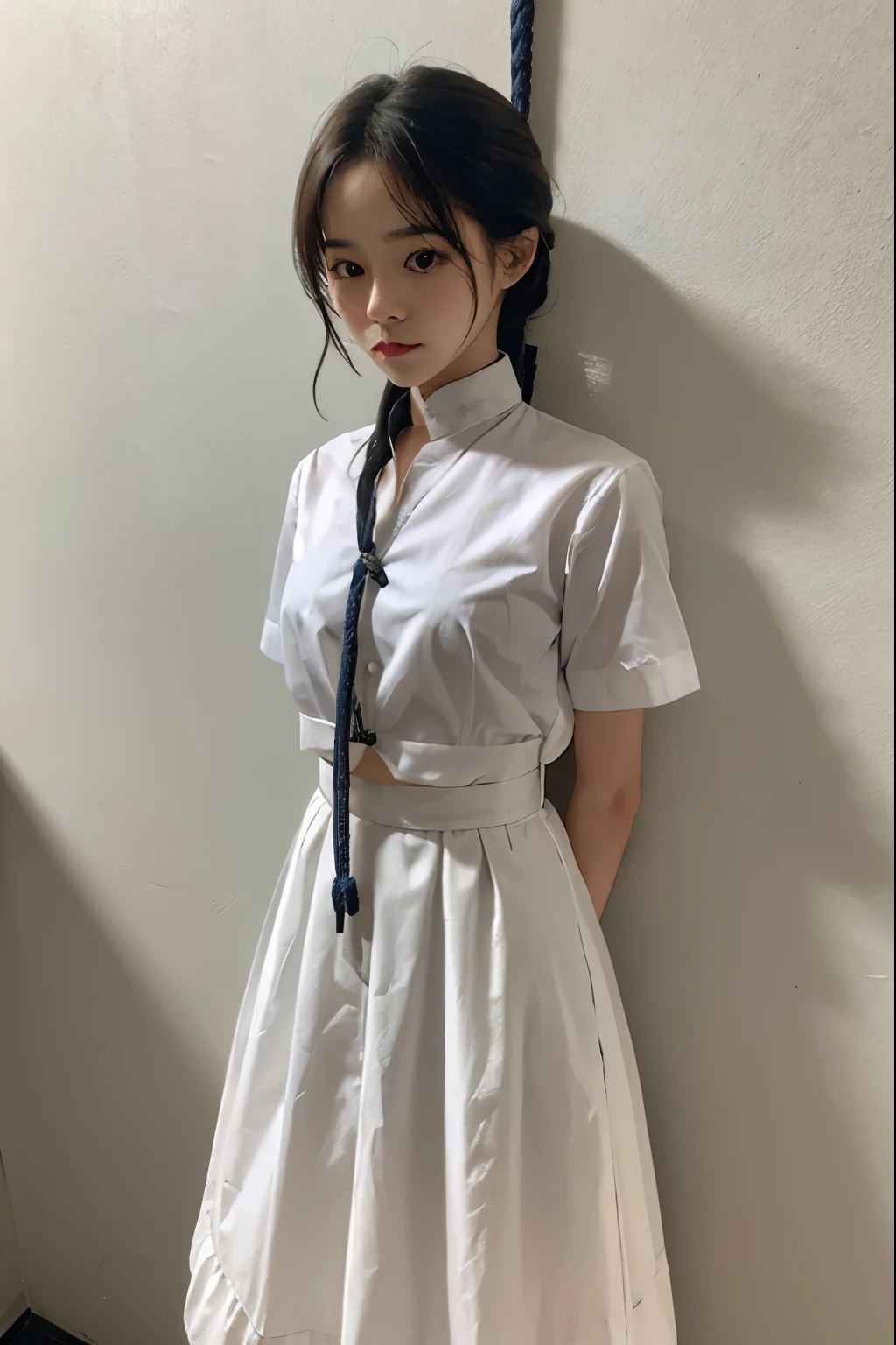 A cute girl is confined and tied up、the best beauty、Make your eyes even、My hands are tied with ropes、Inside the mountain hut、White short-sleeved shirt、Navy semi-long skirt、Standing in front of a wall、Age 25、Medium build、Like real life、highest quality、