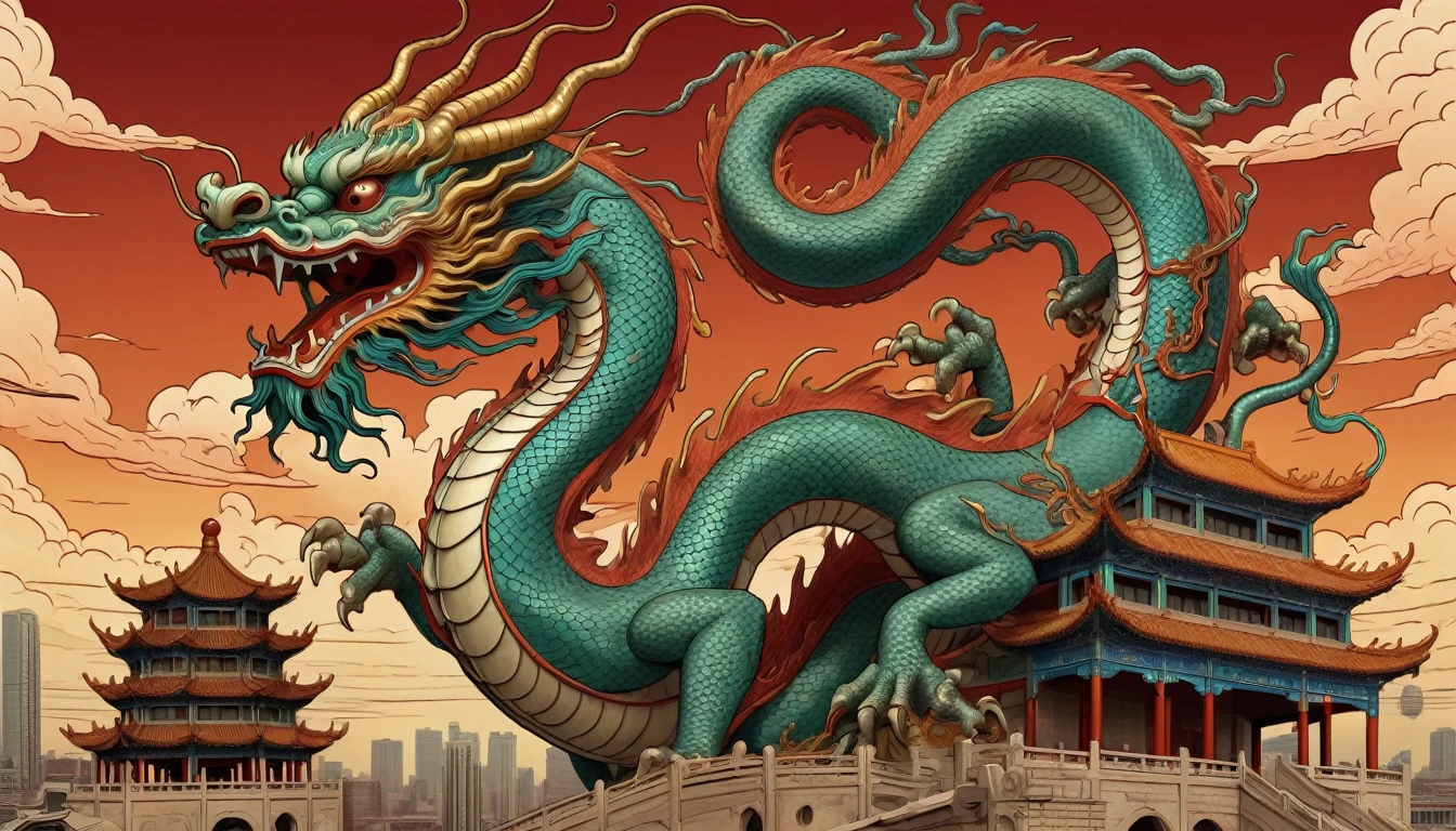 Chinese dragon in Chang'an city, Art Nouveau style illustration, Detailed sky, chinapunk, Illustrative narrative, solarizing master, myth, visual mythology, scary