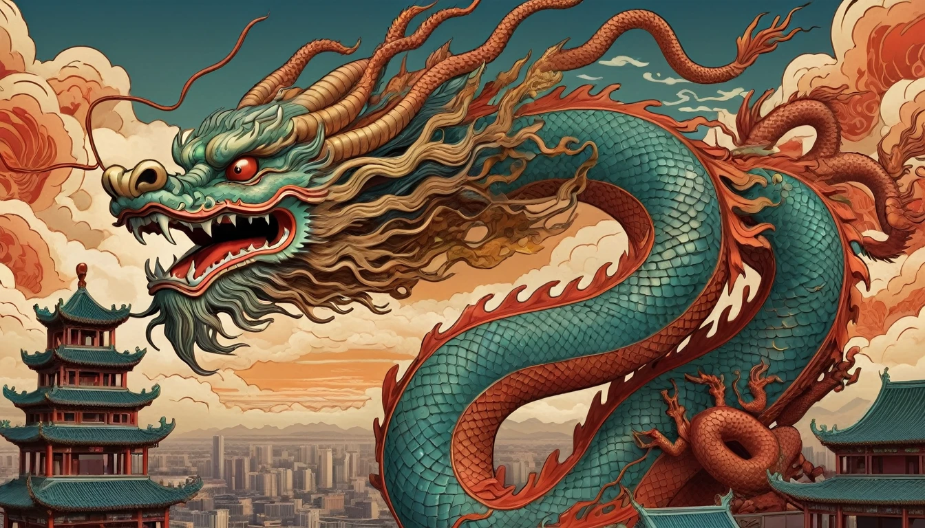 Chinese dragon in Chang'an city, Art Nouveau style illustration, Detailed sky, chinapunk, Illustrative narrative, solarizing master, myth, visual mythology, scary