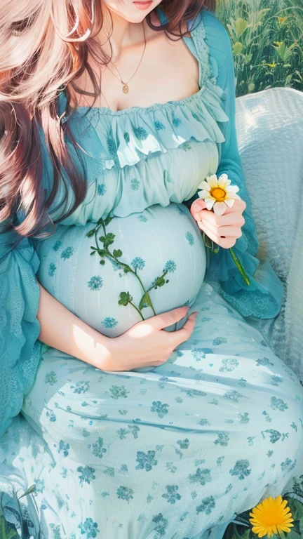 pregnant woman sitting on a couch in a field of flors, sosteniendo a Daisy, holding a flor, dressed in a flor dress, flor, sitting with flors, con ropa azul y amarilla, holding flors, foto coloreada, vestido verde azulado sin vientre, lady wearing yellow dress, holding magic flors, vientre de embarazada, coloreado saturado, wearing a long flory dress, flor dress