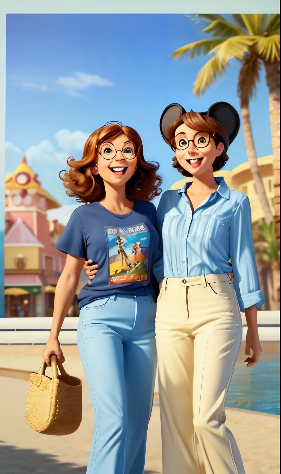 Cartoon of friends having fun on vacation together,  3D animation film poster, Poster de filme animado, pixar 3d animation style, pixar renderman render, maia 8 mil, filme animado, Disney Pixar Estilo 3D, amigos felizes saem juntos, all wearing light blue shirts and cream-brown long pants, camisa azul clara, cream brown pants, ao ar livre, vacation, Disney Pixar animation poster