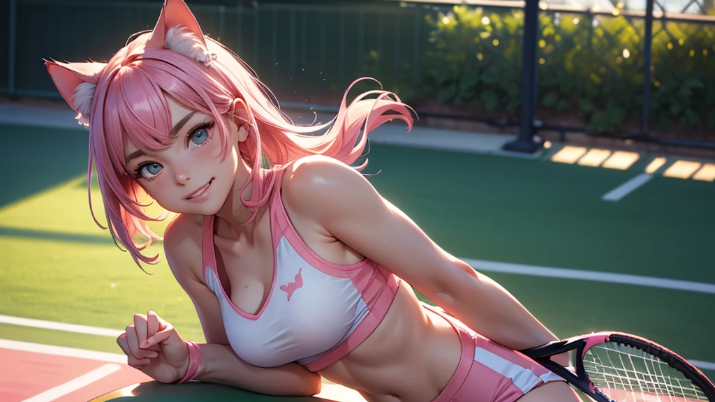 (high resolution, upper body, soft skin:1.2),(best illustration,masterpiece:1.2),ultra-detailed,[(cat ears ,pink inside:1.2),vivid colors,sharp focus,portrait,studio lighting,bokeh, wearing a tennis uniform, tennis courts background, dusk, full body portrait, smiling,