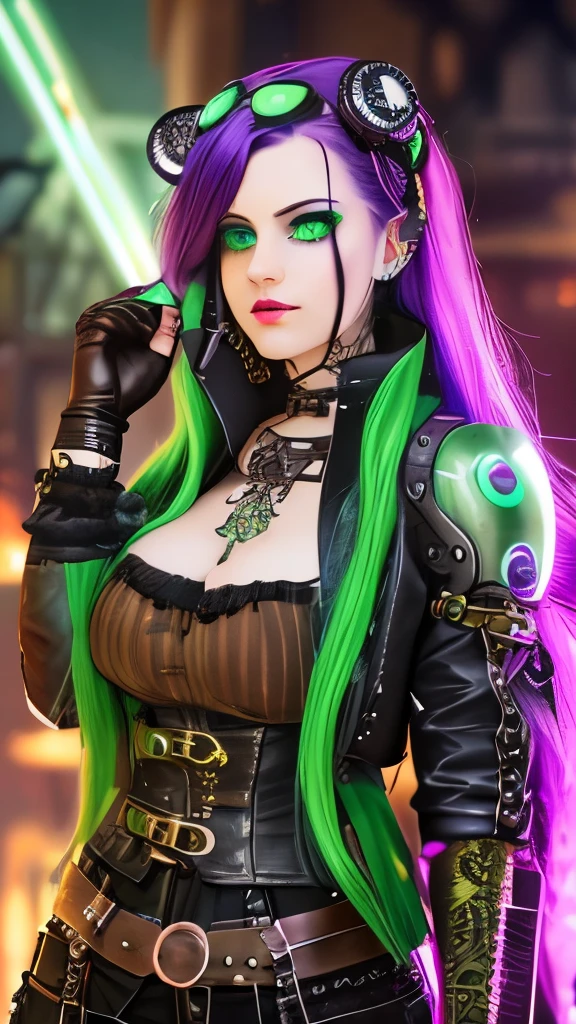 steampunk girl with neon green eyes, violet hair with black tips, nose and septum piercings, ear piercings, steampunk grunge style, mechanical arm