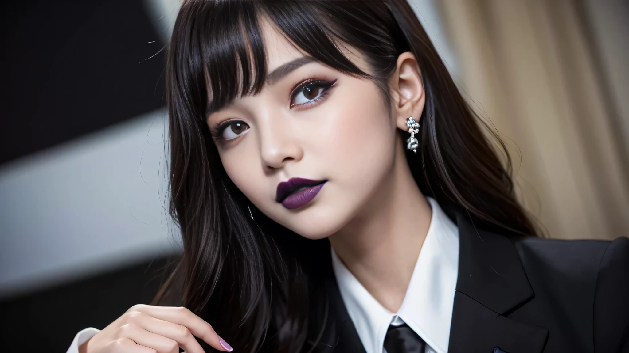 best quality、ultra-detailed、4k、Japanese、Seductive beauty、seductive adult woman、Pretty Woman、cool girl、Villainess、Brainwashed、brainwash、Fallen into evil、smirk、Evil look、Wicked Smile、evil、Brown hair、wavy hair、swept bangs、dark makeup、dark makeup、piercing eyes、hollow eyes,half-closed eyes、Hollow Eyes、purple Eyeshadow、black lipstick、black lipglos、office staff suit、suit、Jacket、Black sleeves、White Shirt、Black Ribbon、Tight Skirt、pantyhose、night、inside darkroom、Are standing、shoot from below、Have lipstick、Emblem of Evil、Crest of Darkness、Swear allegiance、I have pledged my allegiance、Dye black、Blackening、Stained with evil、Dyed in darkness、Seduce