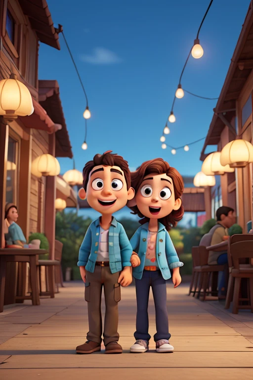Cartoon of friends having fun on vacation together,  3D animation film poster, Poster de filme animado, pixar 3d animation style, pixar renderman render, maia 8 mil, filme animado, Disney Pixar Estilo 3D, amigos felizes saem juntos, all wearing light blue shirts and cream-brown long pants, camisa azul clara, cream brown pants, ao ar livre, vacation, Disney Pixar animation poster