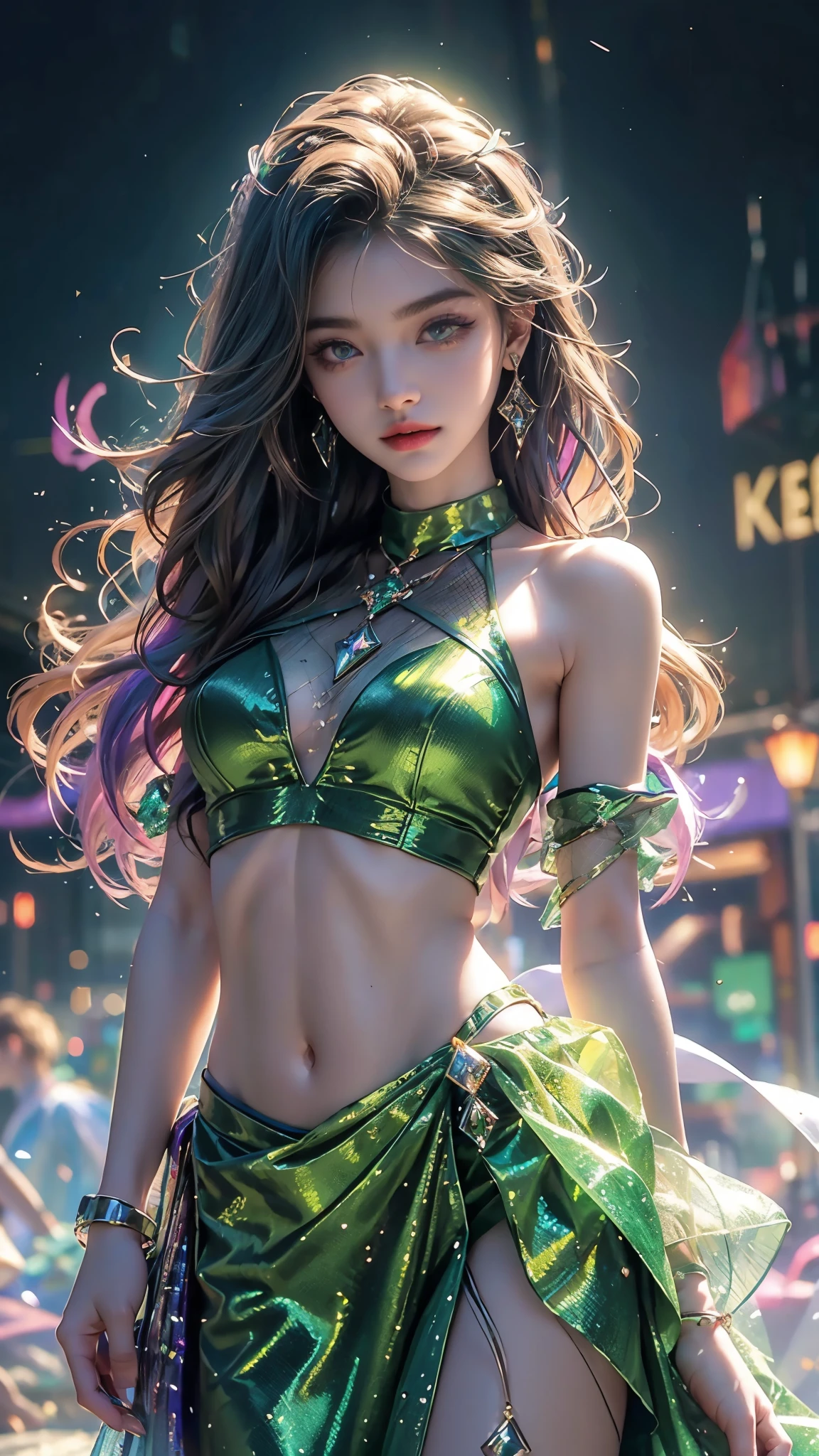 4K, UHD, masterpiece, Best quality, 1 girl, detailed face, detailed eyes, realistic Eyelid, Kda, Alone, very Long hair, small breasts, ((green sparkle dress)), ankle-length skirt, ((mesh arm clothing)), ((bare navel)), looking at viewert, Multicolored glowing crystals, heart sparkle, neon sparkle, bloom, ray tracing, god rays, HDR, DSLR,