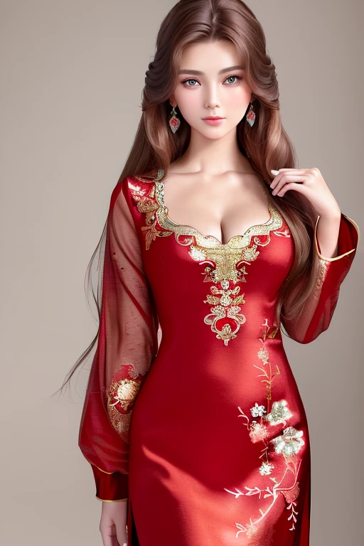 ((highest quality)), ((masterpiece)), (detailed), whole body、wallpaper、Perfect Face、Perfect body、Light brown hair、Beautiful Skin、Russian beauty、(masterpiece:1.3), (8k, Photorealistic, Raw photo, Best image quality: 1.4), (Rough long hairstyle:1.2)、Cleavage:1.1、Wearing a red Chinese dress