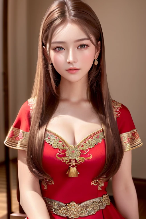 ((highest quality)), ((masterpiece)), (detailed), whole body、wallpaper、Perfect Face、Perfect body、Light brown hair、Beautiful Skin、Russian beauty、(masterpiece:1.3), (8k, Photorealistic, Raw photo, Best image quality: 1.4), (Rough long hairstyle:1.2)、Cleavage:1.1、Wearing a red Chinese dress