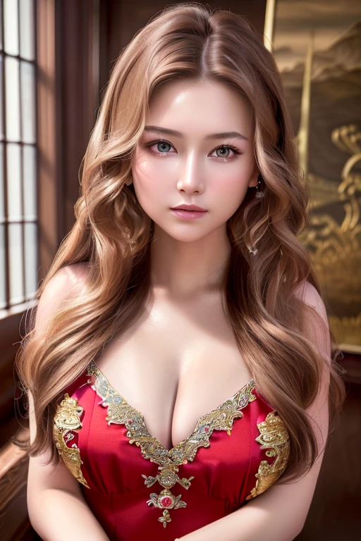 ((highest quality)), ((masterpiece)), (detailed), whole body、wallpaper、Perfect Face、Perfect body、Light brown hair、Beautiful Skin、Russian beauty、(masterpiece:1.3), (8k, Photorealistic, Raw photo, Best image quality: 1.4), (Rough long hairstyle:1.2)、Cleavage:1.1、Wearing a red Chinese dress