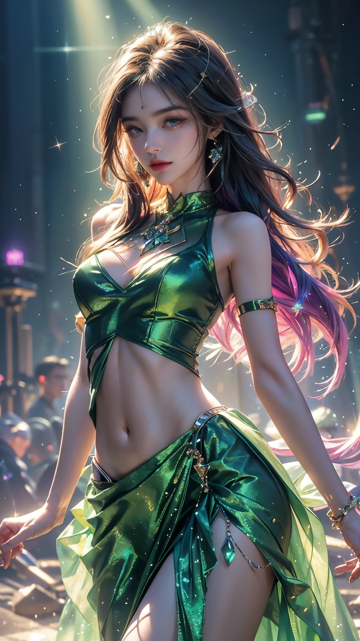 4K, UHD, masterpiece, Best quality, 1 girl, detailed face, detailed eyes, realistic Eyelid, Kda, Alone, very Long hair, small breasts, ((green sparkle dress)), ankle-length skirt, ((mesh arm clothing)), ((bare navel)), looking at viewert, Multicolored glowing crystals, heart sparkle, neon sparkle, bloom, ray tracing, god rays, HDR, DSLR,
