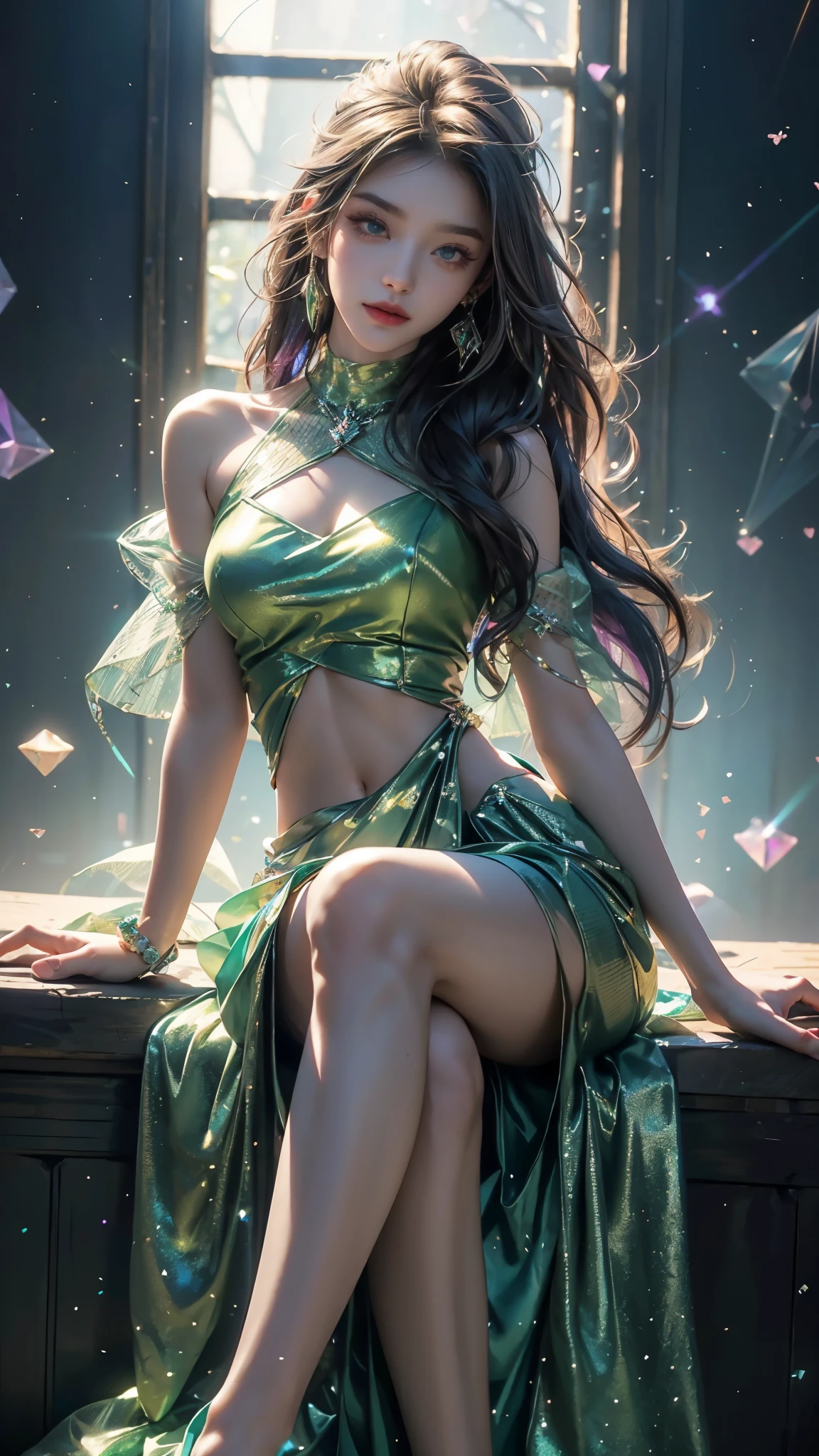 4K, UHD, masterpiece, Best quality, 1 girl, detailed face, detailed eyes, realistic Eyelid, Kda, Alone, very Long hair, small breasts, ((green sparkle dress)), ankle-length skirt, ((mesh arm clothing)), (bare navel), looking at viewert, Multicolored glowing crystals, heart sparkle, neon sparkle, bloom, ray tracing, god rays, HDR, DSLR, sitting on the chair,